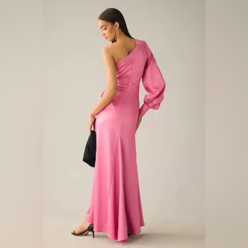 Ieena For Mac Duggal One-Shoulder Bishop-Sleeve Pink Trumpet Gown Size 4 — image 2 of 8